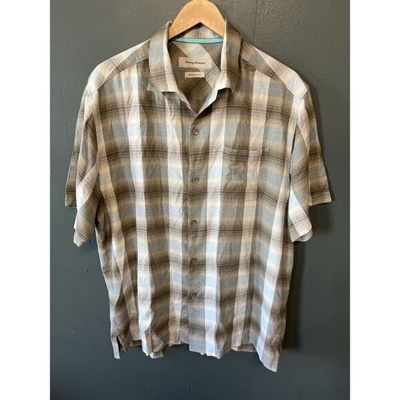 Tommy Bahama Men's L Casual Camp Shirt Tan Plaid Silk Linen Short Sleeve - Picture 1 of 6